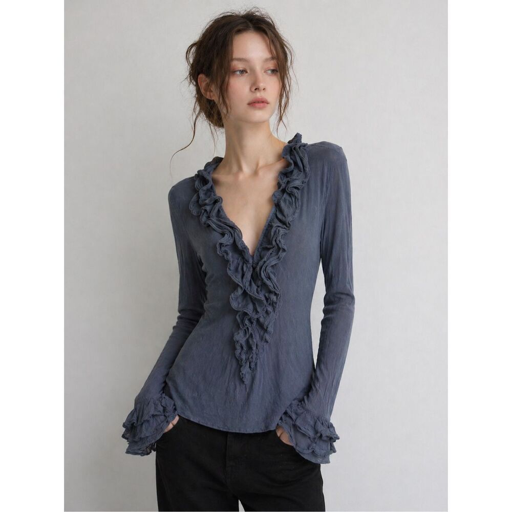 Please Italian Made Slate Blue Ruffle Blouse Feminine Lightweight Top Sz S Notes